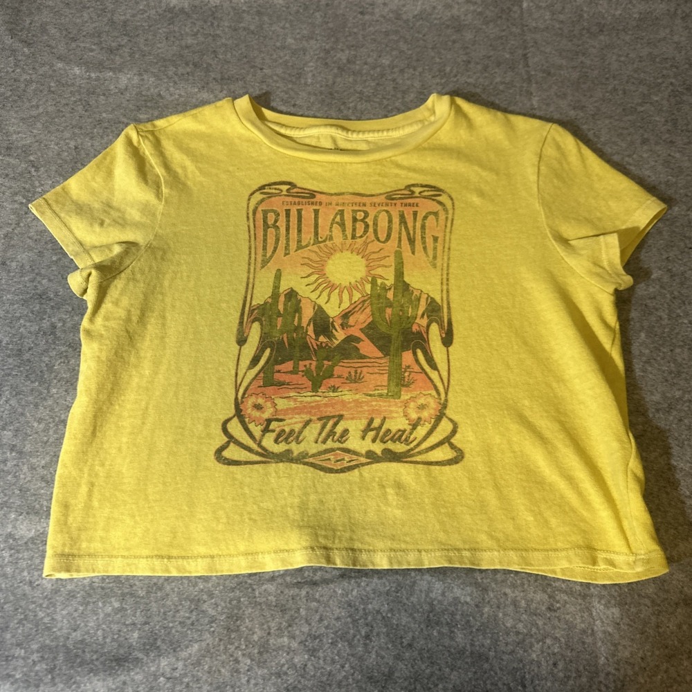 Billabong Women's Med Cropped Graphic Tee Yellow Desert Feel the Heat Top